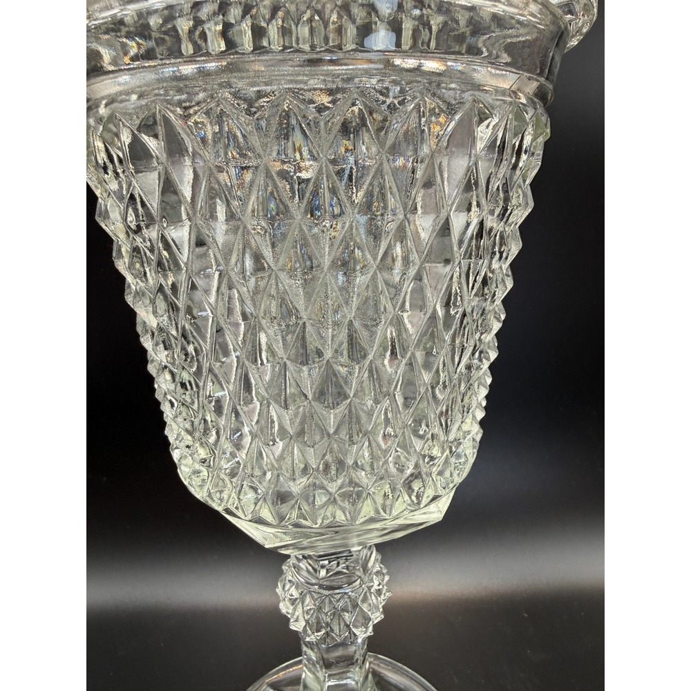 Vtg Indiana Glass 15.75 in Diamond Point Lidded Apothecary Jar Chalice Orig Box - Picture 4 of 8